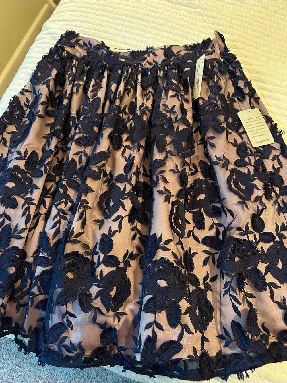 Eliza J Navy Floral Appliqué Skirt with Blush Lining